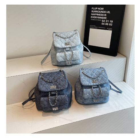 Denim Rhombus Small Chain Backpack Large Capacity Twist Lock Hand-carrying Small Bag Fashion