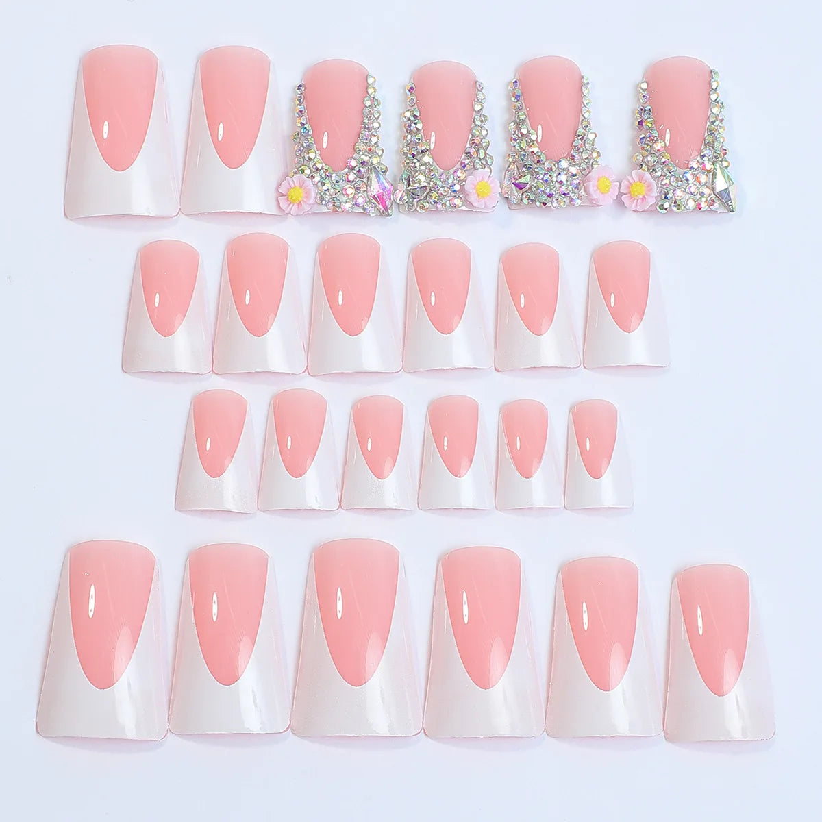 24pcs Square Head Fake Nails Rhinestone Design Duckbill Shaped False Nails Full Cover Wearable White French Press On Nails Tips