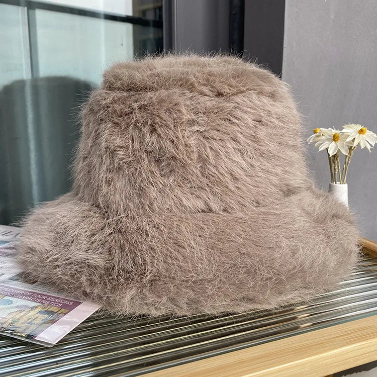 Oversize Faux Fur Bucket Hat Winter Luxury Warm Fluffy Fisherman Hat Women Fashion Party Caps Female Furry Thickened Basin Hat