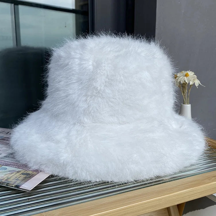 Oversize Faux Fur Bucket Hat Winter Luxury Warm Fluffy Fisherman Hat Women Fashion Party Caps Female Furry Thickened Basin Hat