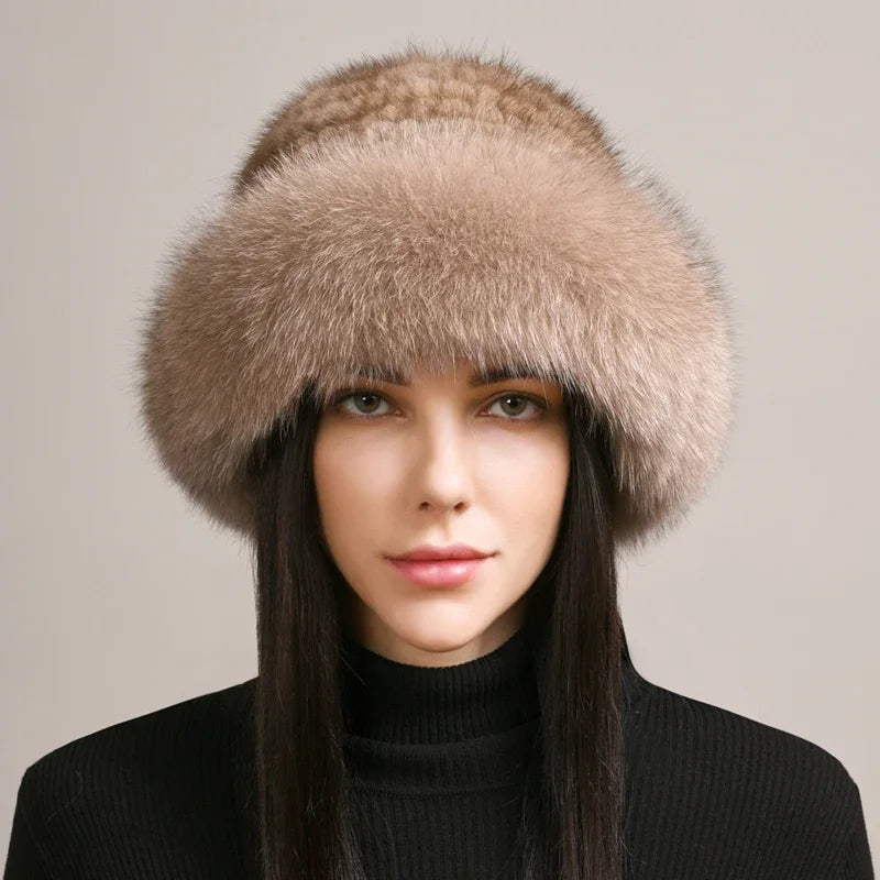 New Genuine Real Natural Knitted Mink Fur Hat Cap Luxury Women Handmade Knit Fashion Winter Headwear Warm Real Fox Fur Beanies