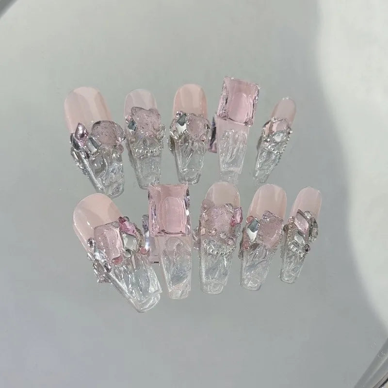 10Pcs Handmade transparent  Press on Nails 3D Diamonds Fake Nails Ice Cube Design Y2k False Nail Full Cover Nail Tips