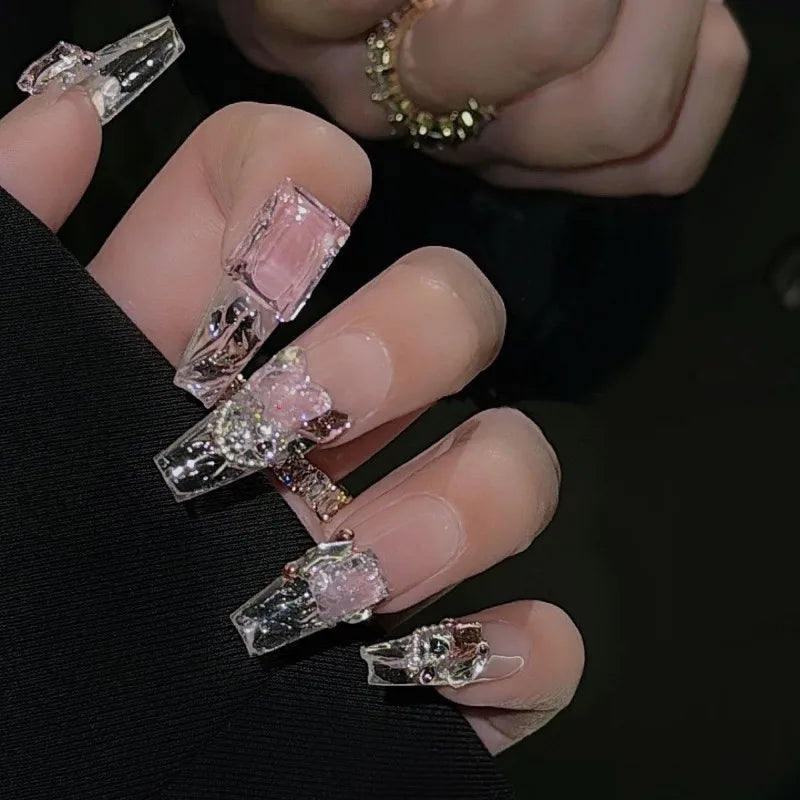 10Pcs Handmade transparent  Press on Nails 3D Diamonds Fake Nails Ice Cube Design Y2k False Nail Full Cover Nail Tips