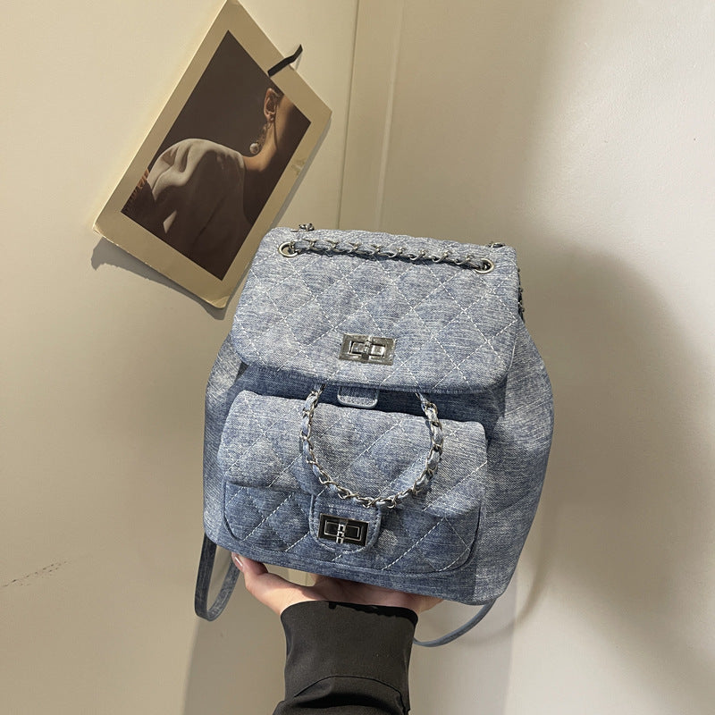 Denim Rhombus Small Chain Backpack Large Capacity Twist Lock Hand-carrying Small Bag Fashion